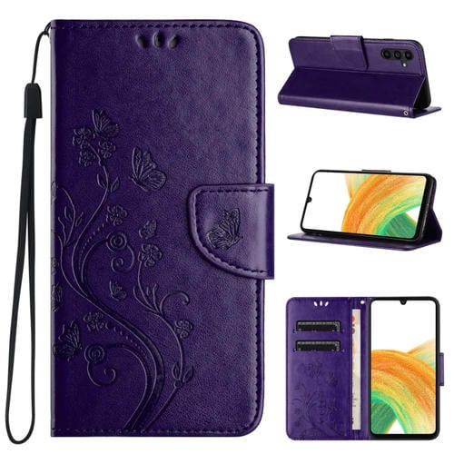 Funda de Cuero con Tapa para Samsung Galaxy A35 con Patrón de Flores y Mariposa (Púrpura Oscuro)