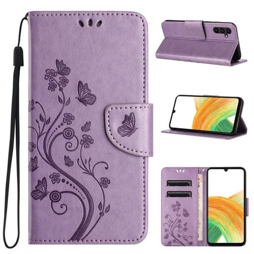 Funda de Cuero para Samsung Galaxy A35 con Tapa y Patrón de Flores de Mariposa (Púrpura Claro)