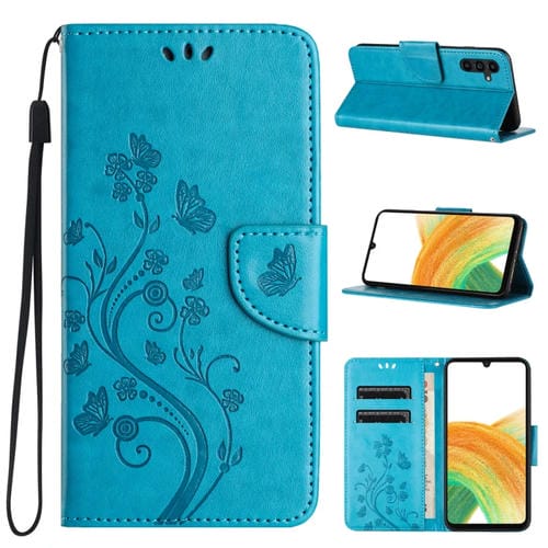 Funda de Teléfono Samsung Galaxy A55 Cuero con Tapa y Patrón de Flores de Mariposa (Azul)