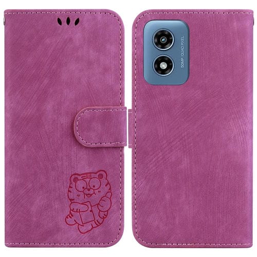 Funda de Cuero para Motorola Moto G Play 4G (2024) con Relieve Little Tiger (Rojo Rosa)