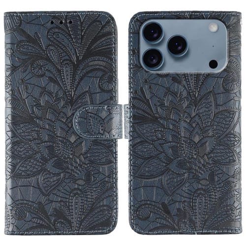 Funda de cuero con tapa y estampado floral para iPhone 17 Pro Max (azul oscuro)