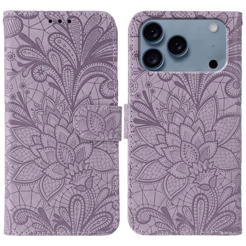 Funda de cuero con tapa y estampado floral para iPhone 17 Pro (morada)