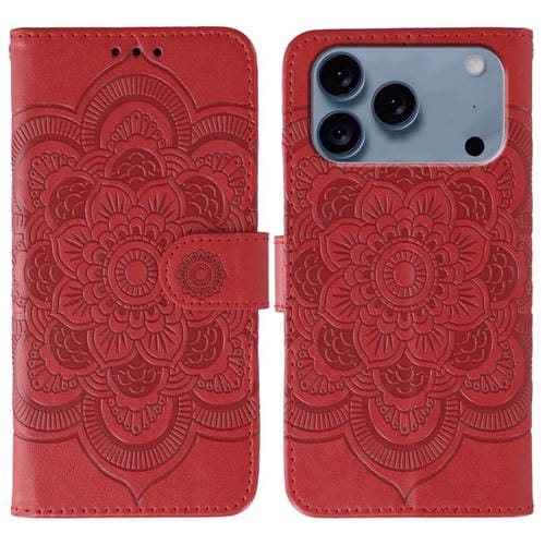 Funda de cuero con estampado de mandala solar para iPhone 17 Pro Max (roja)