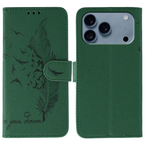 Funda de cuero con textura de lichi y estampado de plumas para iPhone 17 Pro Max (verde)