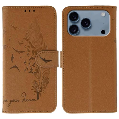 Funda de cuero con textura de lichi y estampado de plumas para iPhone 17 Pro (marrón)