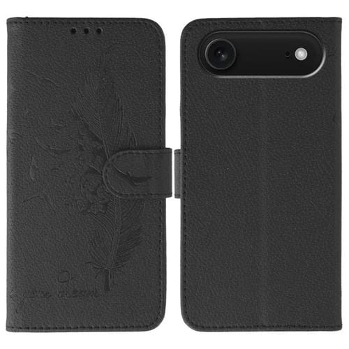 Funda de cuero con textura de lichi y diseño de plumas para iPhone 17 (negro)