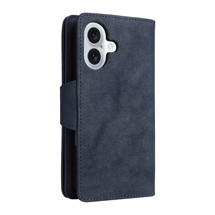Funda de Cuero para iPhone 16 con Tres Pliegues y Hebilla de Remache (Azul)