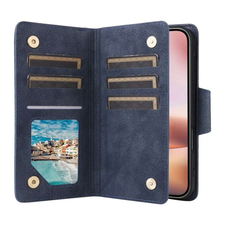 Funda de Cuero para iPhone 16 con Tres Pliegues y Hebilla de Remache (Azul)