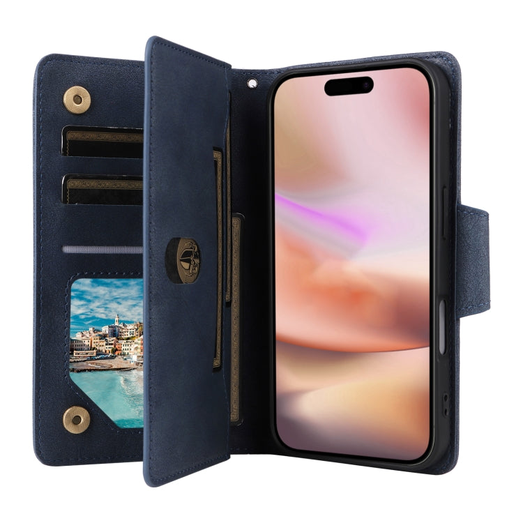 Funda de Cuero para iPhone 16 con Tres Pliegues y Hebilla de Remache (Azul)