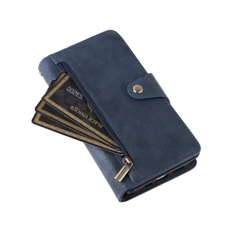 Funda de Cuero para iPhone 16 con Tres Pliegues y Hebilla de Remache (Azul)