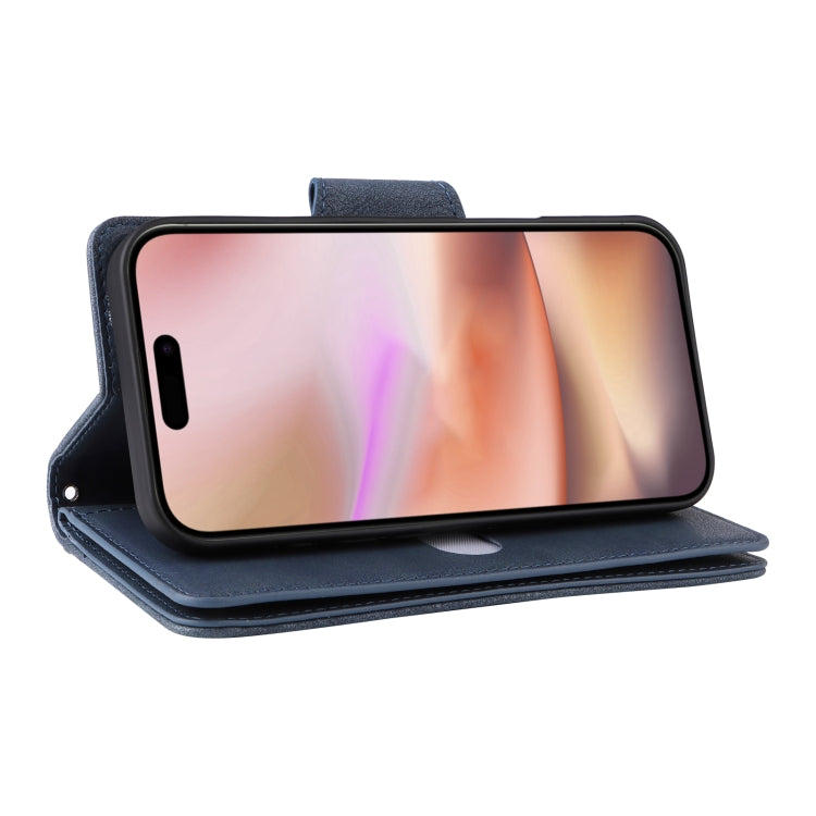 Funda de Cuero para iPhone 16 con Tres Pliegues y Hebilla de Remache (Azul)