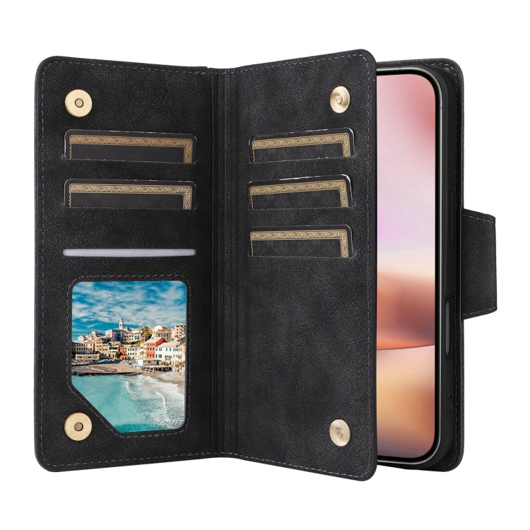 Funda de Cuero para iPhone 16 Plus con Tres Pliegues y Hebilla de Remache (Negro)
