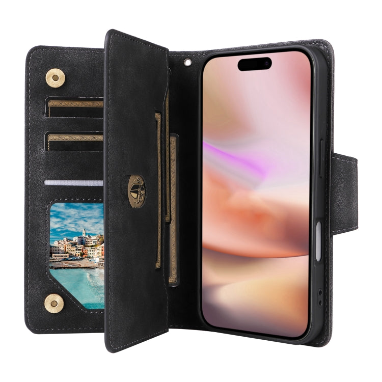 Funda de Cuero para iPhone 16 Plus con Tres Pliegues y Hebilla de Remache (Negro)