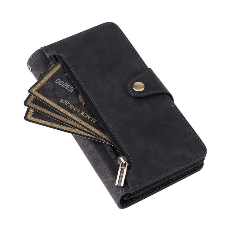 Funda de Cuero para iPhone 16 Plus con Tres Pliegues y Hebilla de Remache (Negro)