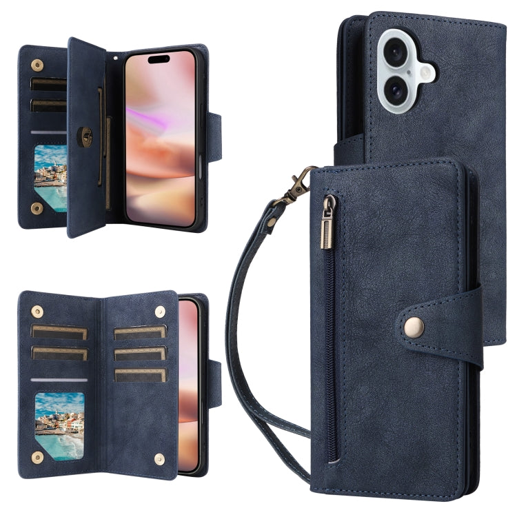 Funda de Cuero con Tres Pliegues y Hebilla de Remache para iPhone 16 Plus (Azul)