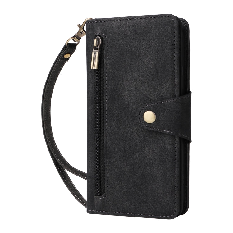 Funda de Cuero para iPhone 16 Pro con Tres Pliegues y Hebilla de Remache (Negro)
