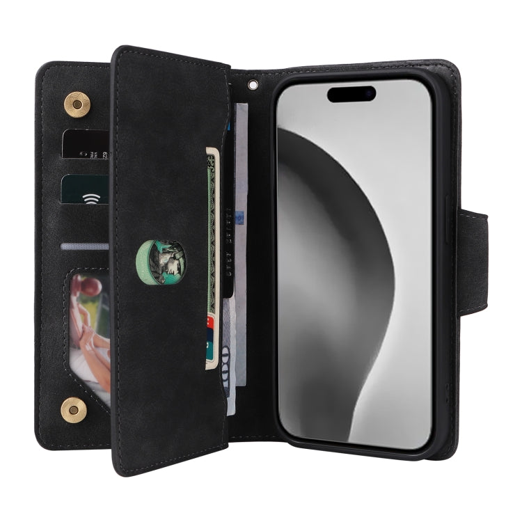 Funda de Cuero para iPhone 16 Pro con Tres Pliegues y Hebilla de Remache (Negro)