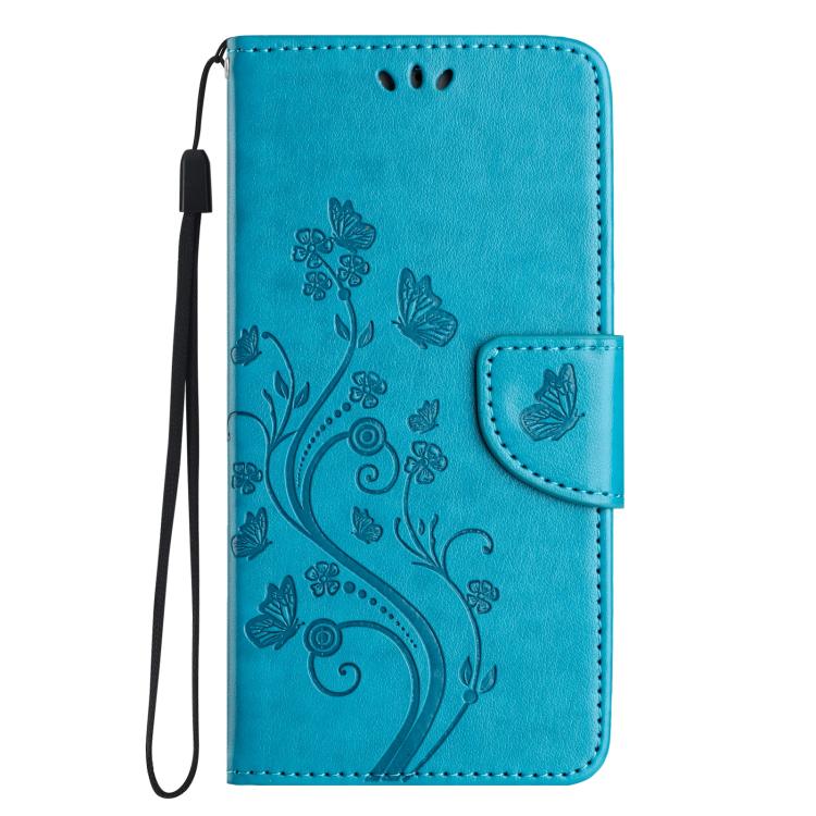 Funda de Cuero con Tapa para iPhone 16E Diseño de Flores y Mariposas (Azul)