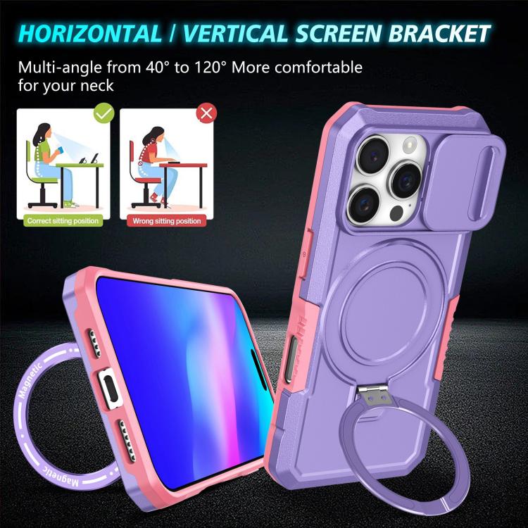 Funda híbrida TPU y PC con Soporte Magsafe y Protección deslizante para iPhone 16 Pro Max (Rosa y Morado)