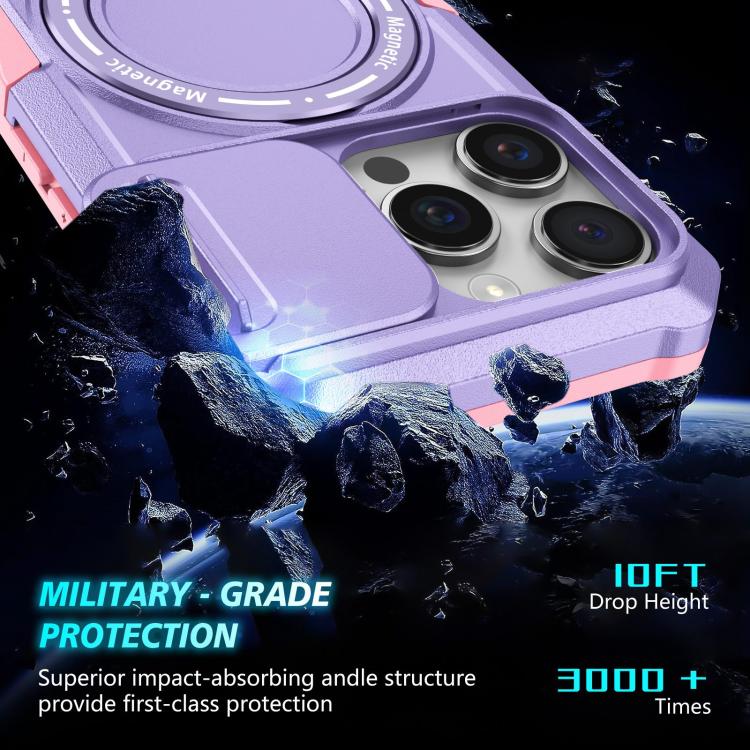 Funda híbrida TPU y PC con Soporte Magsafe y Protección deslizante para iPhone 16 Pro Max (Rosa y Morado)