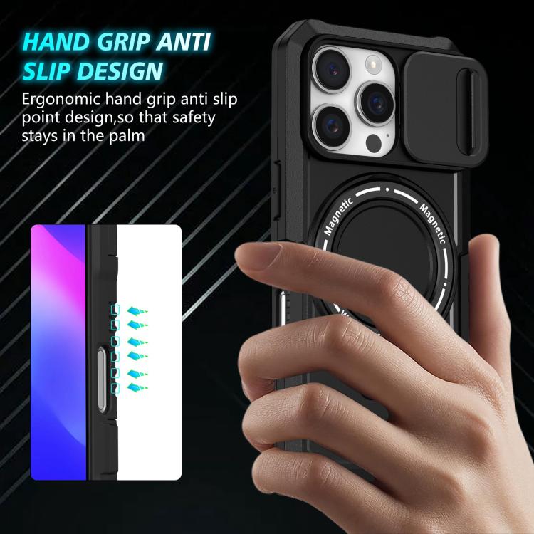 Funda híbrida TPU y PC con soporte Magsafe y protección deslizante para iPhone 16 Pro Max (Negra)