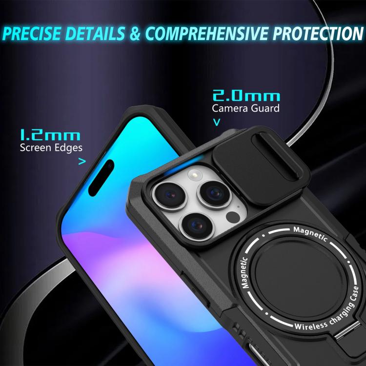 Funda híbrida TPU y PC con soporte Magsafe y protección deslizante para iPhone 16 Pro Max (Negra)