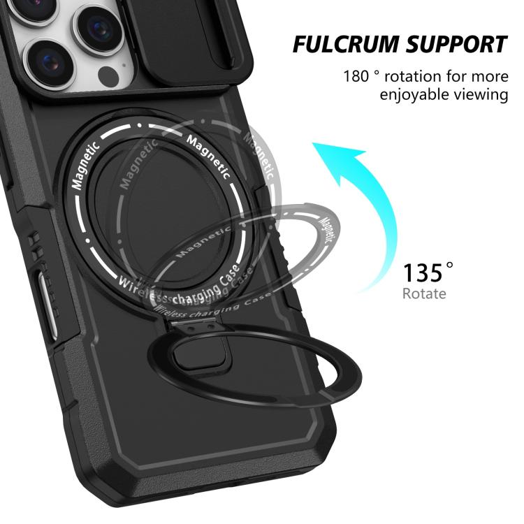 Funda híbrida TPU y PC con soporte Magsafe y protección deslizante para iPhone 16 Pro Max (Negra)
