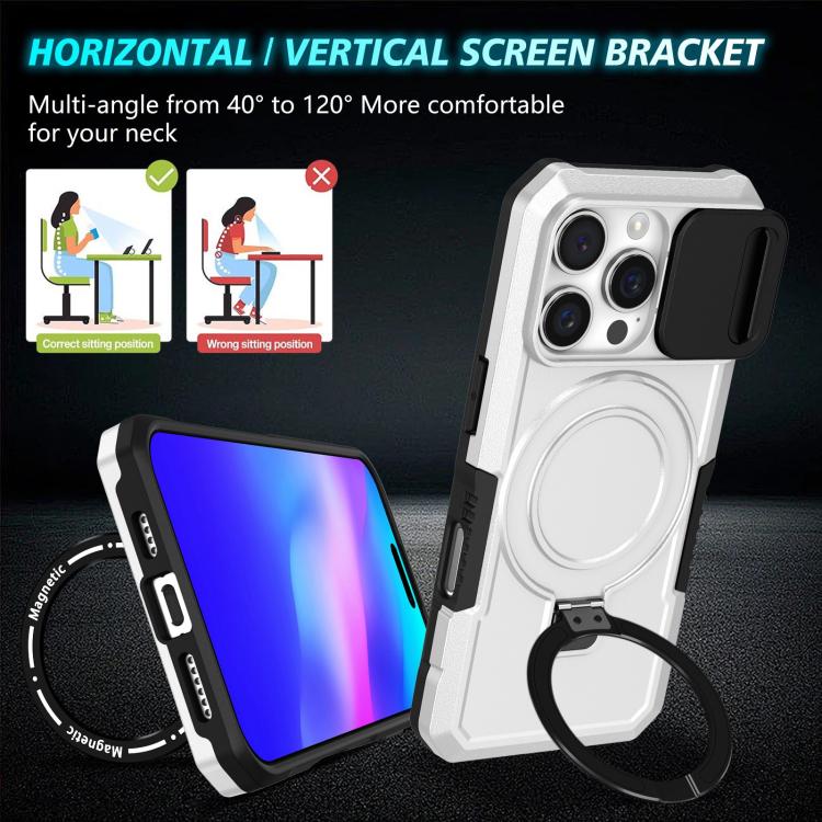 Funda híbrida TPU y PC con Soporte Magsafe y Protección deslizante para iPhone 16 Pro Max (Negro y Blanco)