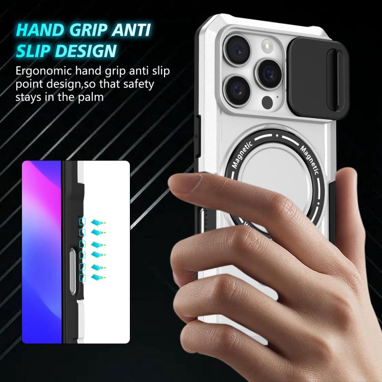 Funda híbrida TPU y PC con Soporte Magsafe y Protección deslizante para iPhone 16 Pro Max (Negro y Blanco)