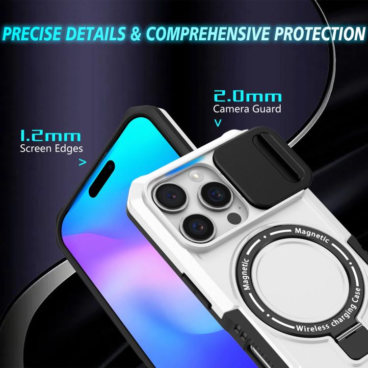 Funda híbrida TPU y PC con Soporte Magsafe y Protección deslizante para iPhone 16 Pro Max (Negro y Blanco)