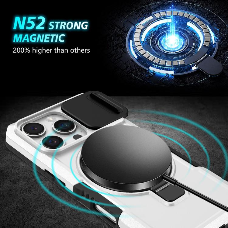 Funda híbrida TPU y PC con Soporte Magsafe y Protección deslizante para iPhone 16 Pro Max (Negro y Blanco)