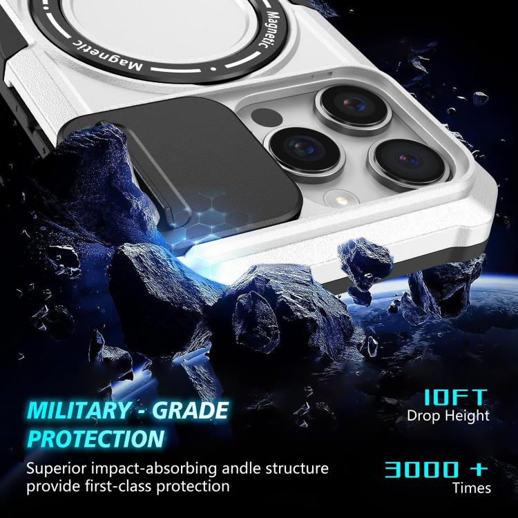 Funda híbrida TPU y PC con Soporte Magsafe y Protección deslizante para iPhone 16 Pro Max (Negro y Blanco)