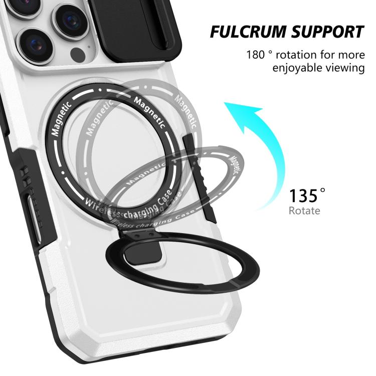 Funda híbrida TPU y PC con Soporte Magsafe y Protección deslizante para iPhone 16 Pro Max (Negro y Blanco)