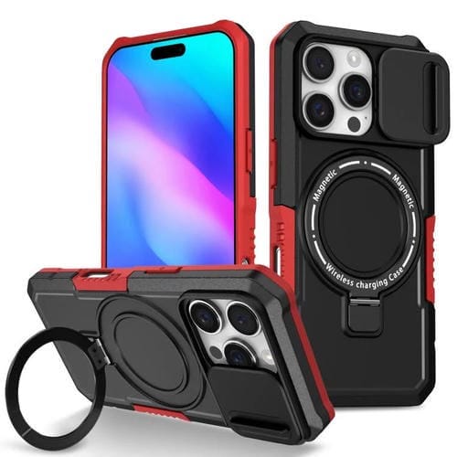 Funda híbrida TPU y PC con soporte Magsafe y protección deslizante para iPhone 16 Pro Max (Negro y Rojo)