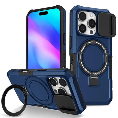Funda híbrida TPU y PC con soporte Magsafe y protección deslizante para iPhone 16 Pro (Azul Real)