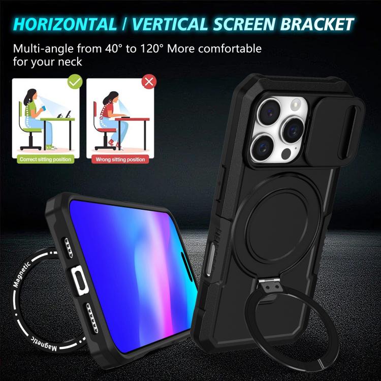 Funda híbrida TPU y PC con soporte Magsafe y protección deslizante para iPhone 16 Pro (Negra)
