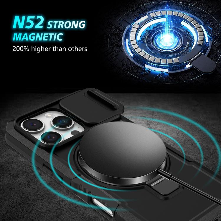 Funda híbrida TPU y PC con soporte Magsafe y protección deslizante para iPhone 16 Pro (Negra)