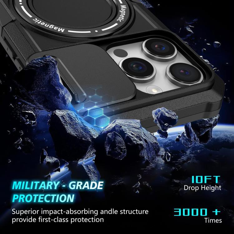 Funda híbrida TPU y PC con soporte Magsafe y protección deslizante para iPhone 16 Pro (Negra)