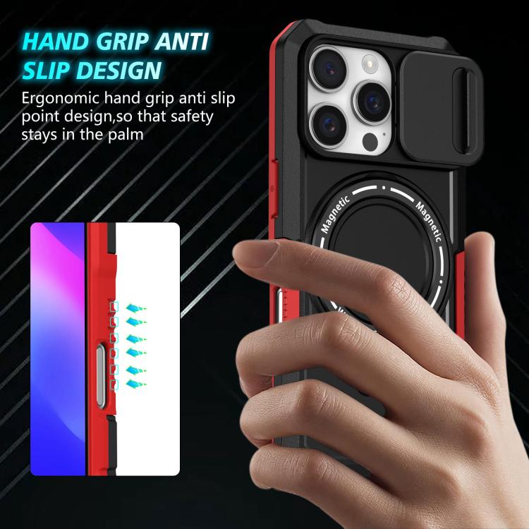 Funda híbrida TPU y PC con Soporte Magsafe y Protección Deslizante para iPhone 16 Pro (Negro y Rojo)