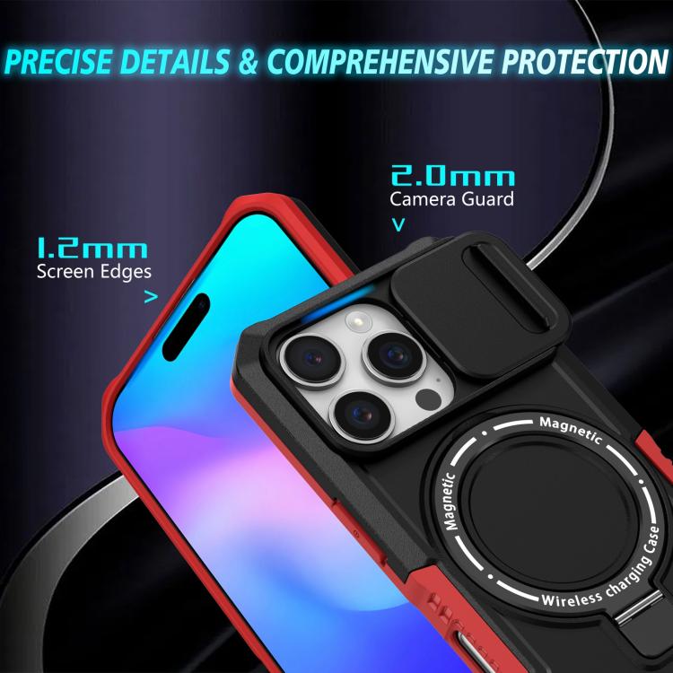 Funda híbrida TPU y PC con Soporte Magsafe y Protección Deslizante para iPhone 16 Pro (Negro y Rojo)