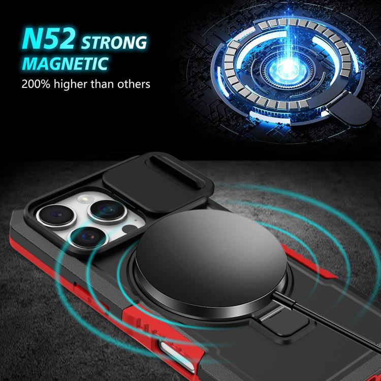 Funda híbrida TPU y PC con Soporte Magsafe y Protección Deslizante para iPhone 16 Pro (Negro y Rojo)