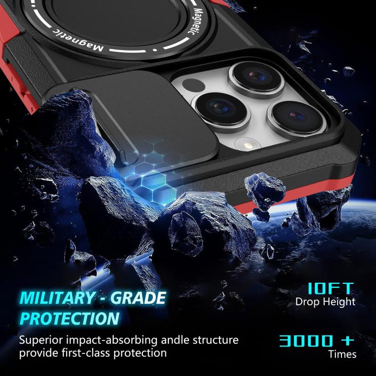 Funda híbrida TPU y PC con Soporte Magsafe y Protección Deslizante para iPhone 16 Pro (Negro y Rojo)