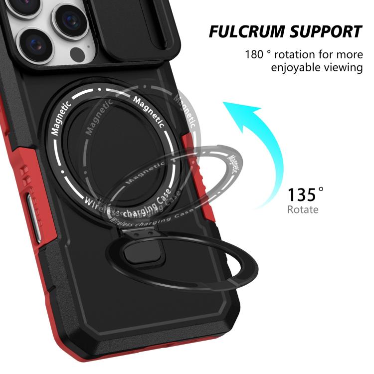Funda híbrida TPU y PC con Soporte Magsafe y Protección Deslizante para iPhone 16 Pro (Negro y Rojo)