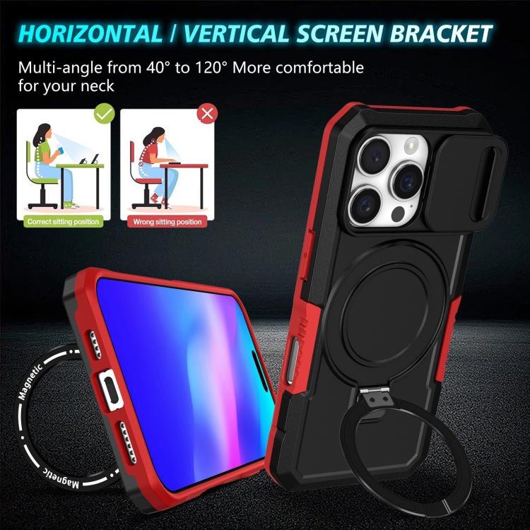 Funda híbrida TPU y PC con Soporte Magsafe y Protección Deslizante para iPhone 16 Pro (Negro y Rojo)