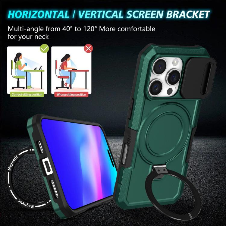 Funda híbrida TPU y PC con soporte Magsafe y protección deslizante para iPhone 16 Pro (Verde Oscuro)