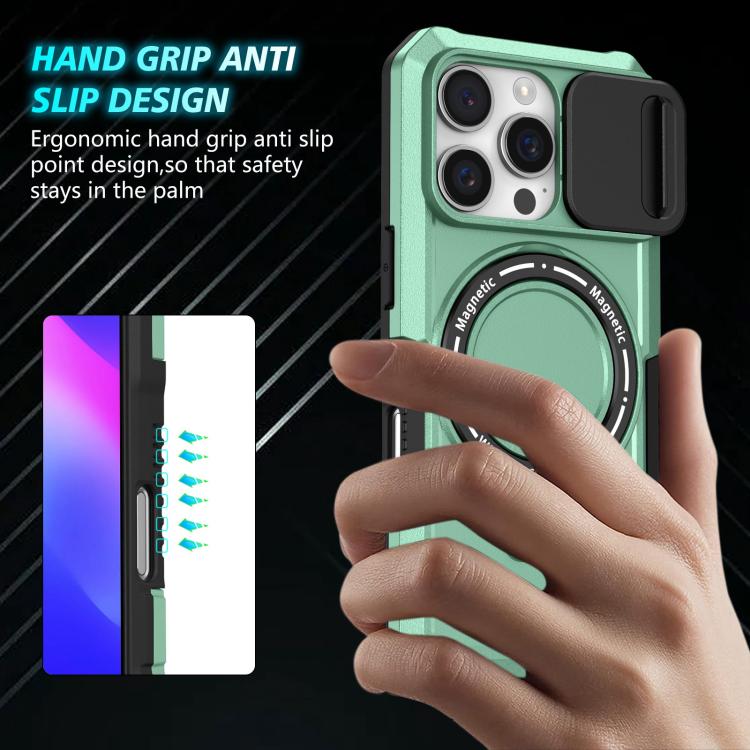 Funda híbrida TPU y PC con soporte Magsafe y protección deslizante para iPhone 16 Pro (Azul Claro)