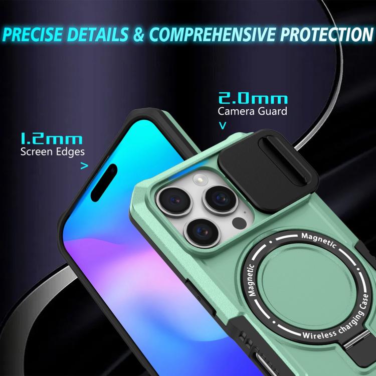Funda híbrida TPU y PC con soporte Magsafe y protección deslizante para iPhone 16 Pro (Azul Claro)