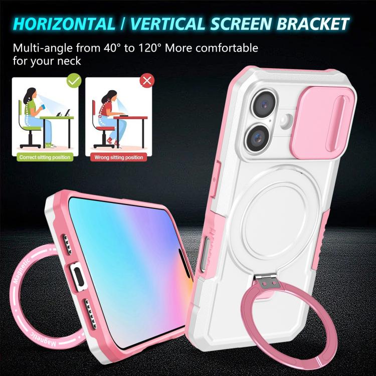 Funda híbrida TPU y PC con soporte Magsafe y protección deslizante para iPhone 16 Plus (Rosa y Blanco)