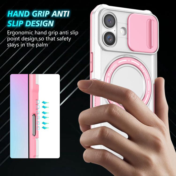 Funda híbrida TPU y PC con soporte Magsafe y protección deslizante para iPhone 16 Plus (Rosa y Blanco)