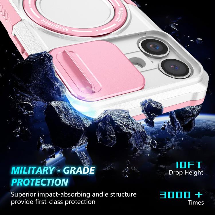 Funda híbrida TPU y PC con soporte Magsafe y protección deslizante para iPhone 16 Plus (Rosa y Blanco)